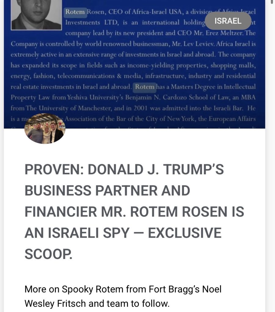 PROVEN: DONALD J. TRUMP’S BUSINESS PARTNER AND FINANCIER MR. ROTEM ROSEN IS AN ISRAELI SPY — EXCLUSIVE SCOOP
